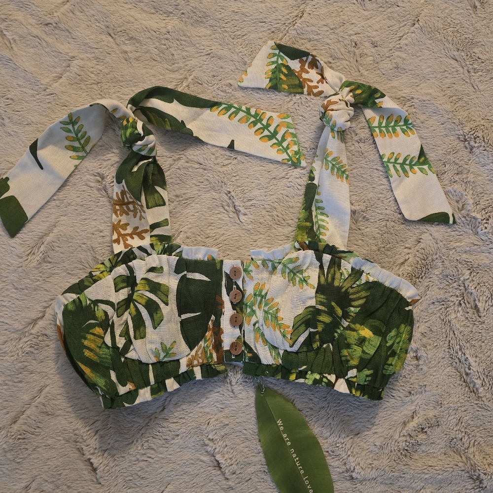 FARM Rio Green Leaf Print Top